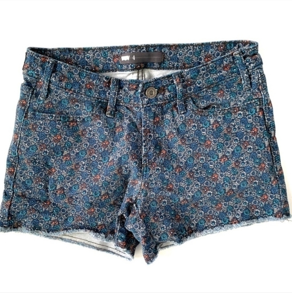 Levi Floral Denim Jean Shorts Women's Size 4 Waist 27 Cut-Off Frayed Raw Hem EUC